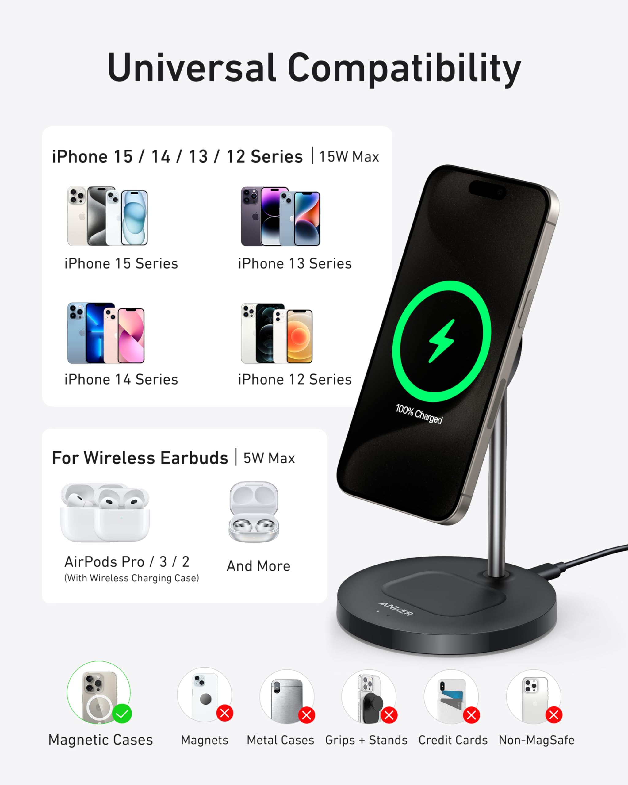 Anker wireless charger stand with dual LED for iPhone and AirPods