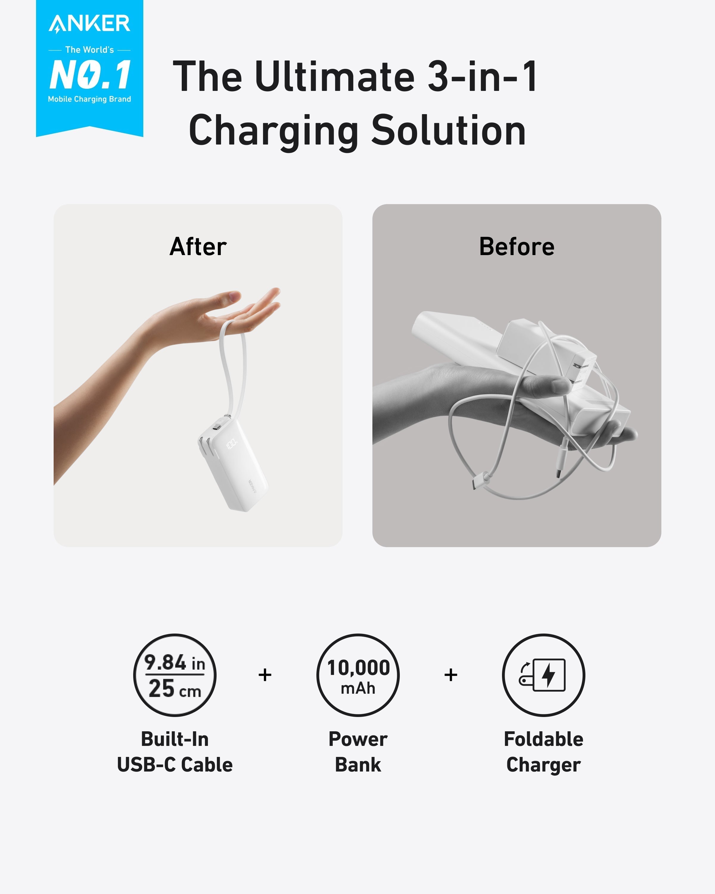 Anker three-in-one charger with built-in USB-C cable